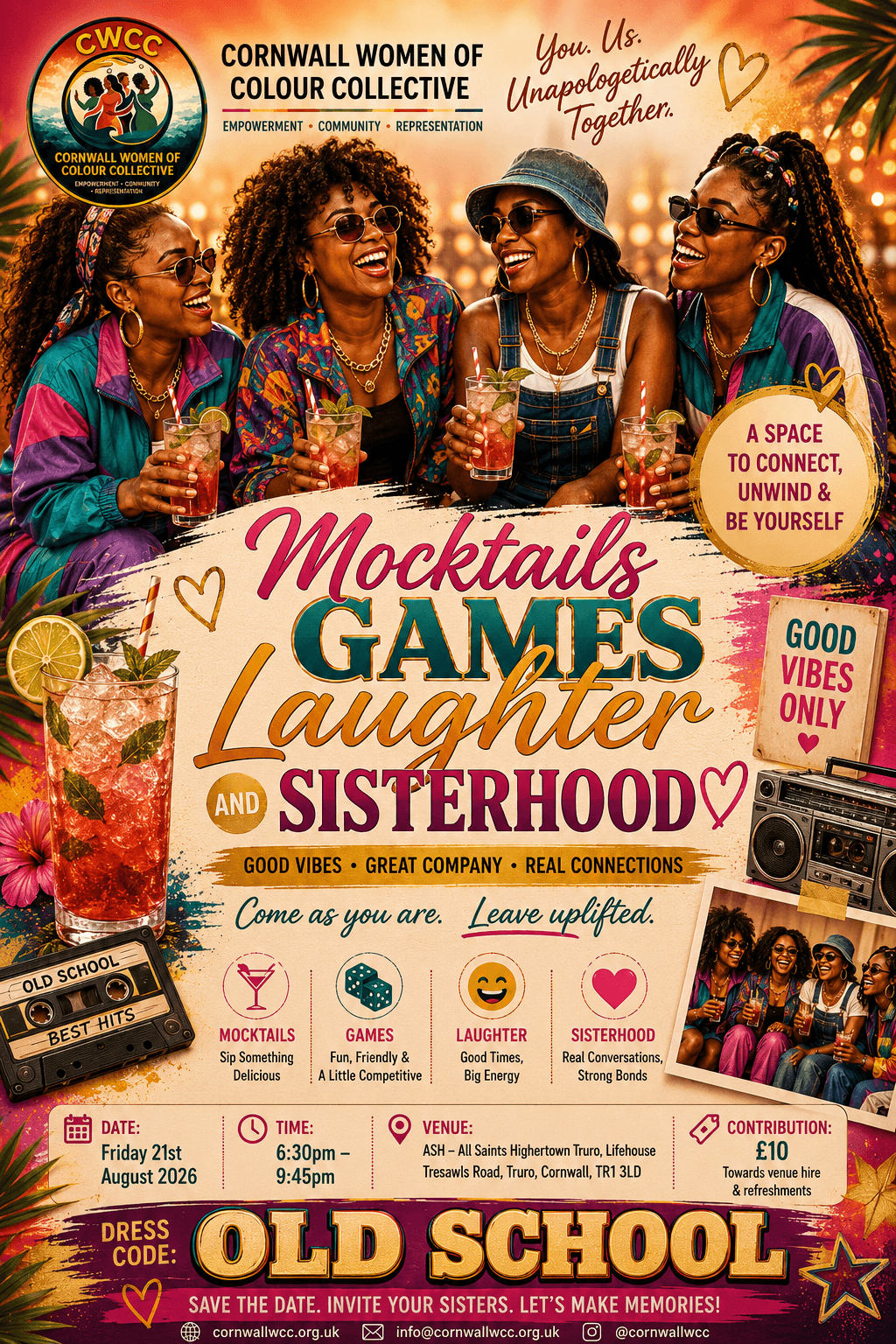 Flyer for Mocktails, Games, Laughter & Sisterhood With Old School VibesππΉπ²